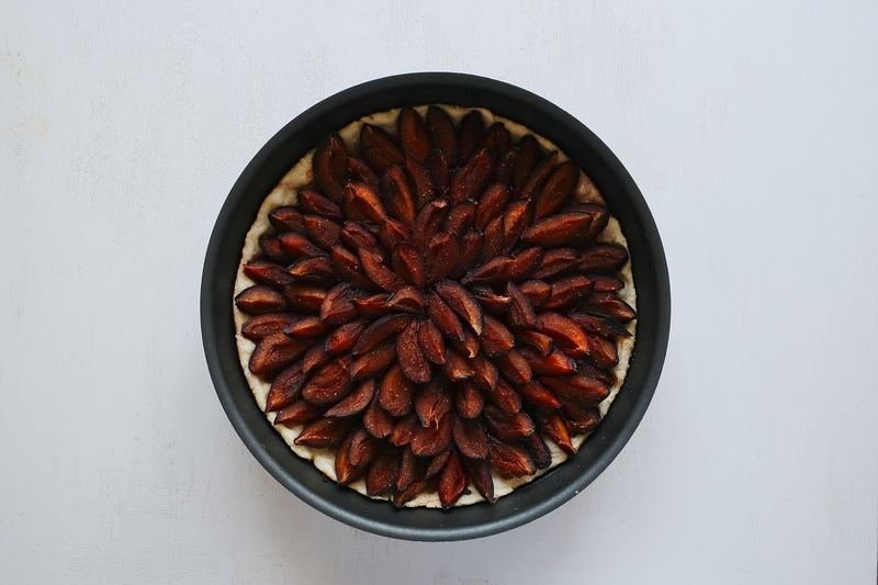 A whole damson tart with the fruit arranged in rings
