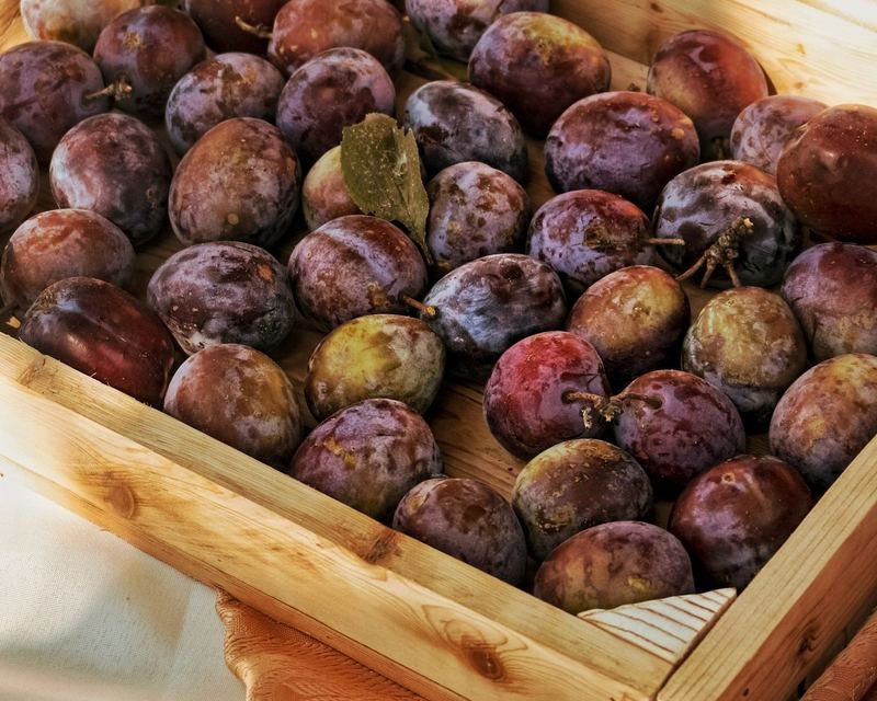 Ripe damsons in a wooden crate