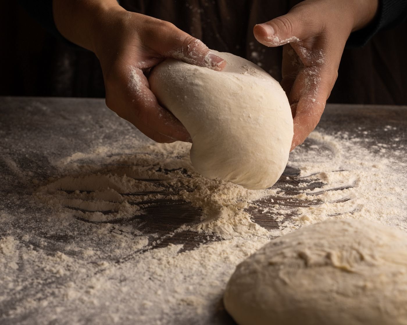 A baker shaping a round of dough on a floured surface
