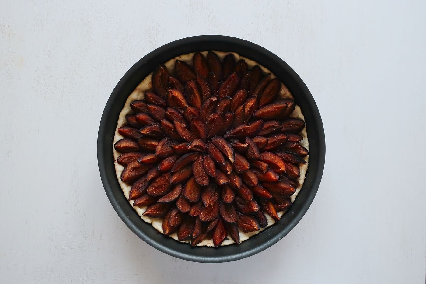 A whole plum tart with fruit arranged in rings